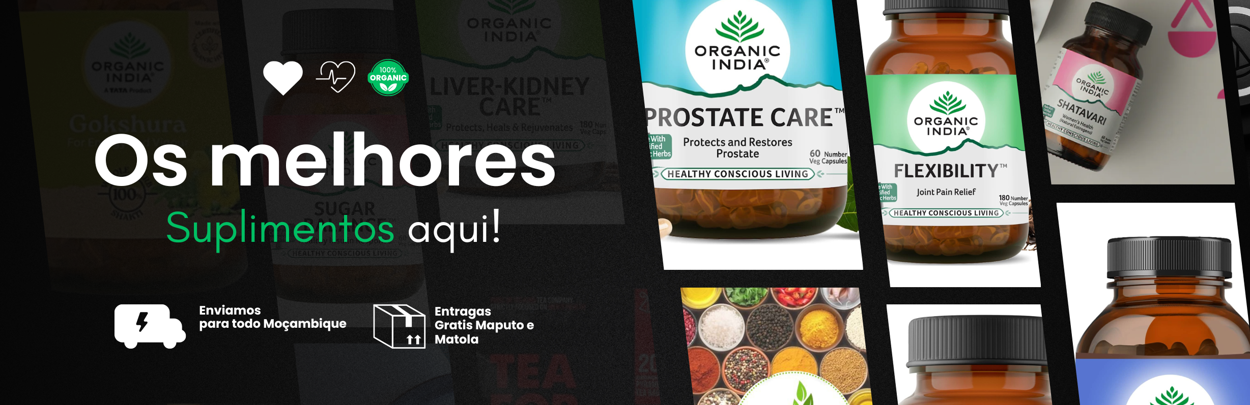 Promotional banner for supplements with various product bottles and text in Portuguese.